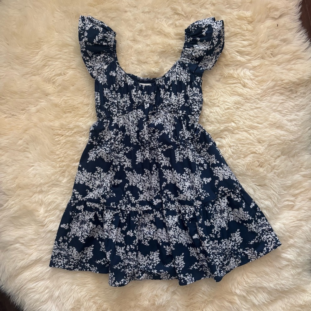 Abercrombie & Fitch Navy Ruffle-Sleeve Tiered Mini Dress with White Floral